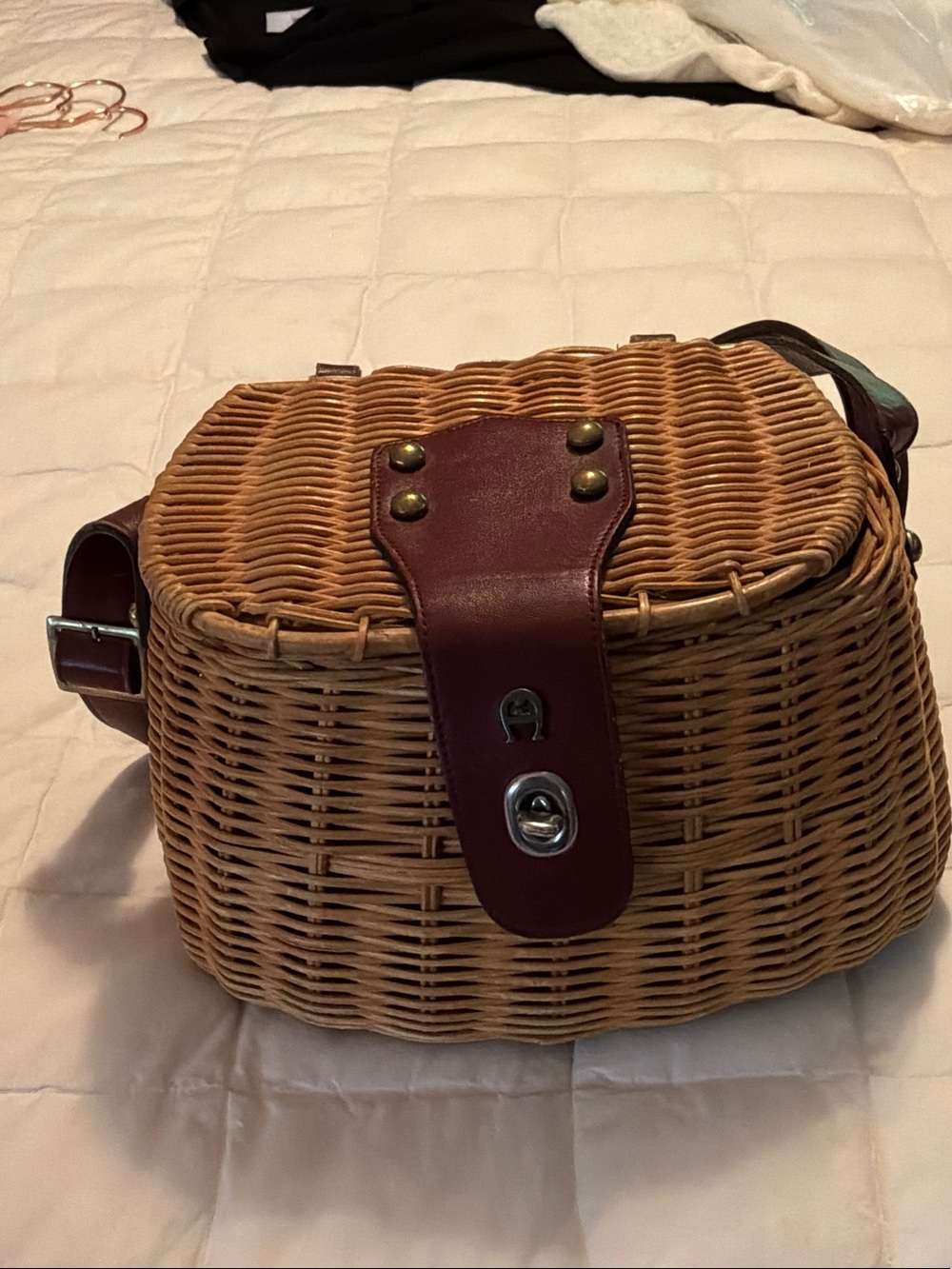 Etienne Aigner Woven Rattan Crossbody with Brown Leather Trim